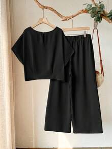 EMERY ROSE 大码女式春季休闲度假圆领短袖纯色露脐上衣和裤子两件套 - 黑色 - 查看 2