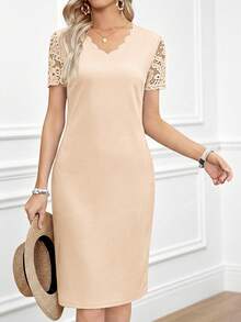 Miaspire Plus Size Women's Summer Casual Vacation  Elegant Short Sleeve Lace Patchwork Apricot  Dress, Summer,Summer\Vacation,Summer Holiday,Spring Break Outfits ,Vacation Outfits Women ,Holiday Outfits For Women,Going Out Outfits,2026 New Clothes,Simple And Fashionable For Everyday Wear,Suitable For Summer, Vacation, Daily Wear,Suitable For Summer, Vacation, Daily Wear,Dresses For Women,Office Outfits For Women,, Formal Attire For Women - Apricot - View 7