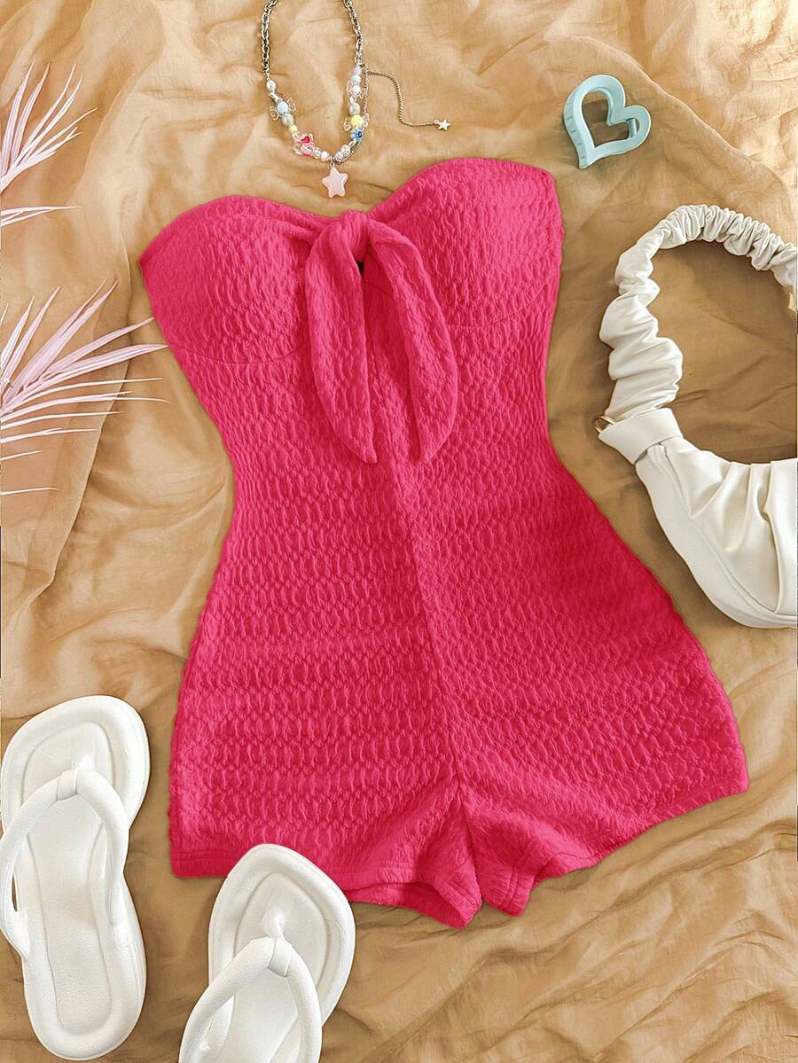 Soleia Bộ jumpsuit nữ màu trắng dệt kim, thắt nơ phía trước, thích hợp cho kỳ nghỉ xuân/hè, phù hợp dự tiệc, hẹn hò, ngày Valentine, gợi cảm lãng mạn, lễ hội, du lịch biển, tiệc trà chiều. - Màu Hồng Tươi - Xem 1