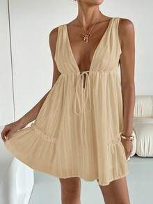 Siren Gaze Women's Sexy V-Neck Tie Front Ruffle Hem Mini Dress Women's Summer Dresses Women's Summer Outfits Women Clothes Dress Vacation Outfits Women Woman Dress,Summer Dresses For Women - Apricot - View 4