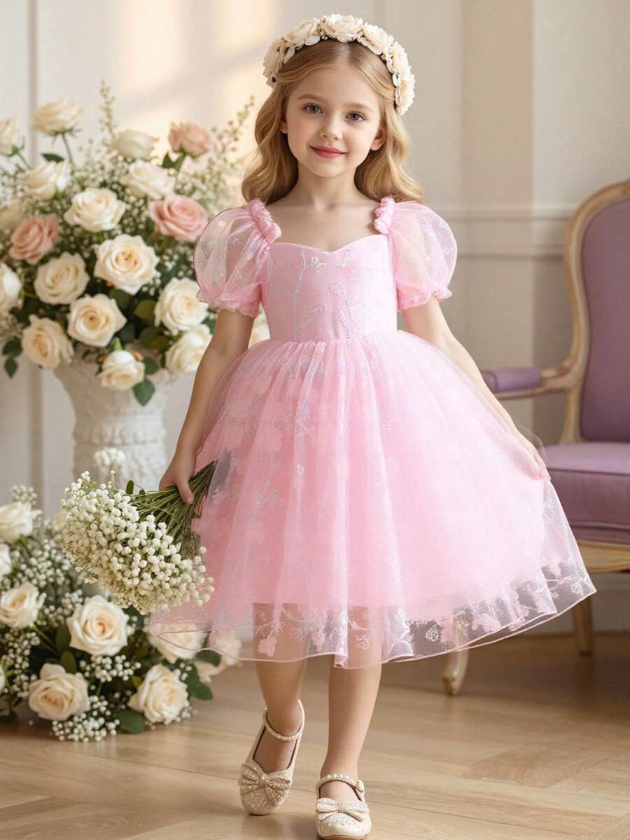 SHEIN Glamorique Kids Đầm công chúa cho bé gái, đầm hồng, đầm dự tiệc, đầm công chúa trẻ em, tay phồng, lưới thêu 3D, bốn mùa, đầm dự tiệc cho bé gái, đầm hoa 3D, lễ Phục sinh, mùa hè, đầm dự tiệc thanh lịch - Hồng - Xem 1