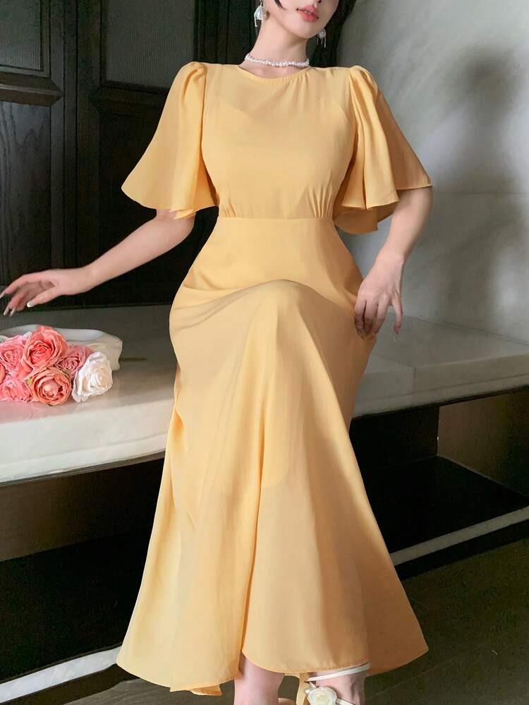 Women's Elegant Solid Color Round Neck Ruffle Sleeve Mid-Length Dress, Summer