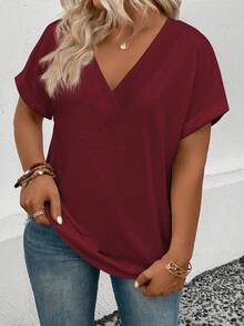 EMERY ROSE 女士休闲V领短袖弧形下摆百搭大码T恤 - 紅色 - 查看 5