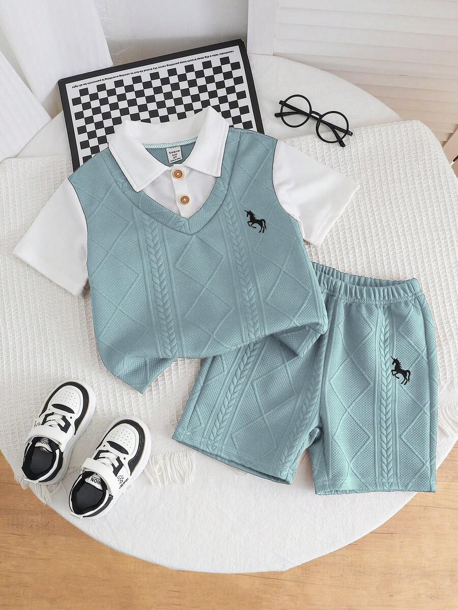 SHEIN Streecool Kids 男童休闲刺绣提花面料短袖上衣和短裤套装(2件套),舒适透气,适合日常休闲户外穿着,春夏季节适用。 - 淺藍色 - 查看 1