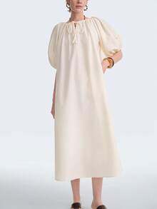 Aalyst Vestido camisero de mujer de poliéster-algodón con lazo en el cuello, mangas abullonadas, corte holgado, bolsillos laterales, manga corta, longitud larga. Elegante, romántico, vintage, para oficina, trayecto, negocios, playa, casual, versátil, adecuado para primavera/verano, vacaciones, San Valentín, té de la tarde, fiestas - Albaricoque - Ver 5