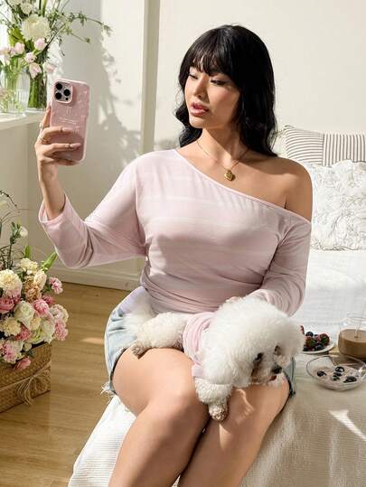 CovetEZ 大码女装，西式女装，休闲斜肩半透明长袖T恤，黑色