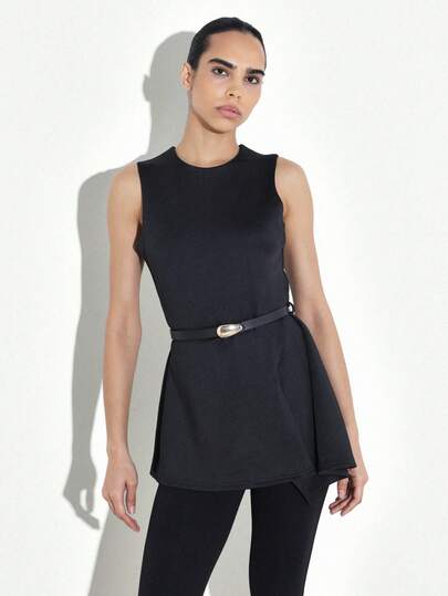 KSTM ملابس علوية نسائية بلا أكمام مزودة بحزام وفتحة خلفية للمكتب والعمل المحترف