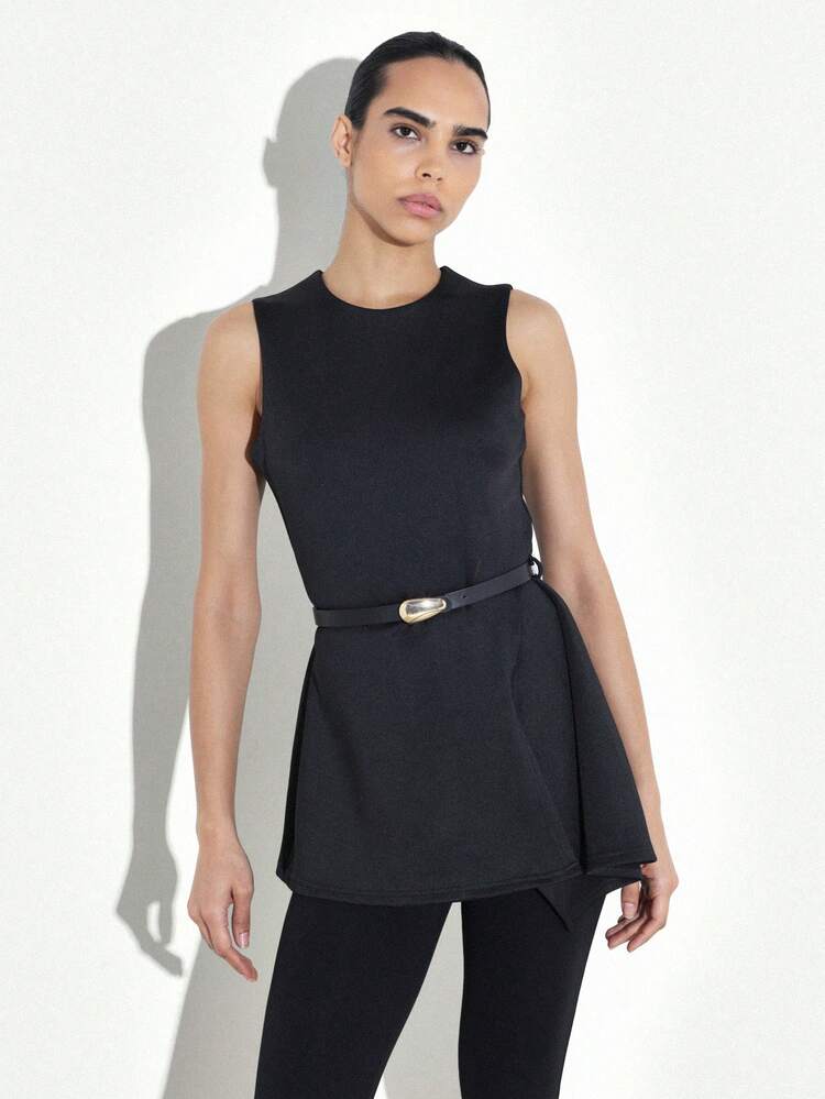 KSTM Black Sleeveless Belted Tunic Top With Keyhole Back Detail For Women Professional Office Wear