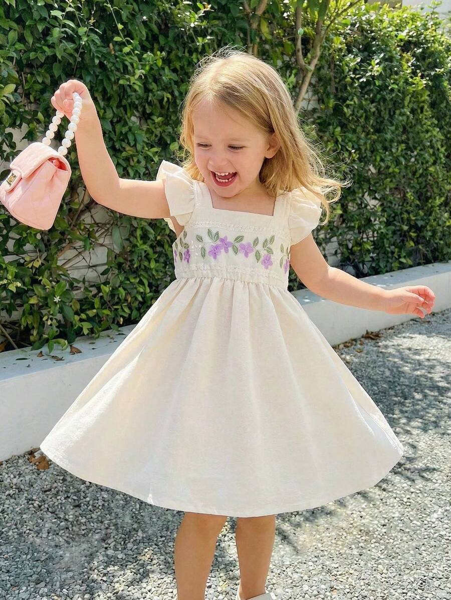 Souflis Souflis Girls' Summer Casual Elegant Sleeveless Square Neck Dress, Suitable For Daily Outings, Beach Trips, Vacations And Other Summer Occasions - Apricot - View 1