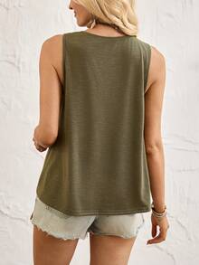 SHEIN Holidaya Women's Army Green Sleeveless Round Neck Hollow Out Ruched Fitted Tank Top - Army Green - View 5