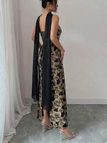 Elenzga Đầm nữ thanh lịch, lãng mạn màu hồng và vàng họa tiết hoa jacquard, không dây vai, thắt eo, dáng suông, có dây buộc cổ, thích hợp cho hẹn hò, mua sắm, lễ hội âm nhạc và nhiều dịp khác, đầm nữ xuân/hè, đầm mới nhất, đầm nữ dự tiệc, đầm nữ ấn tượng. - màu đen - Xem 2