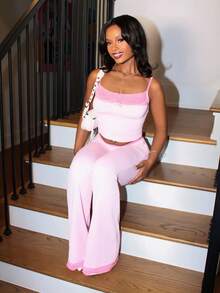 Steph T Women 2pcs/Set Lace Camisole & Flare Pants, Casual Outfit For Girls Pink Flare Pants Set Lace Trim Two Piece Set - Pink - View 5