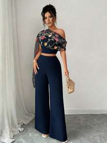 Elenzga Women's Elegant French Style Asymmetric Collar Mesh Embroidered Flared Hem Top And Simple Long Pants 2-Piece Set, Suitable For Daily Wear, Spring/Summer - Navy Blue - View 4