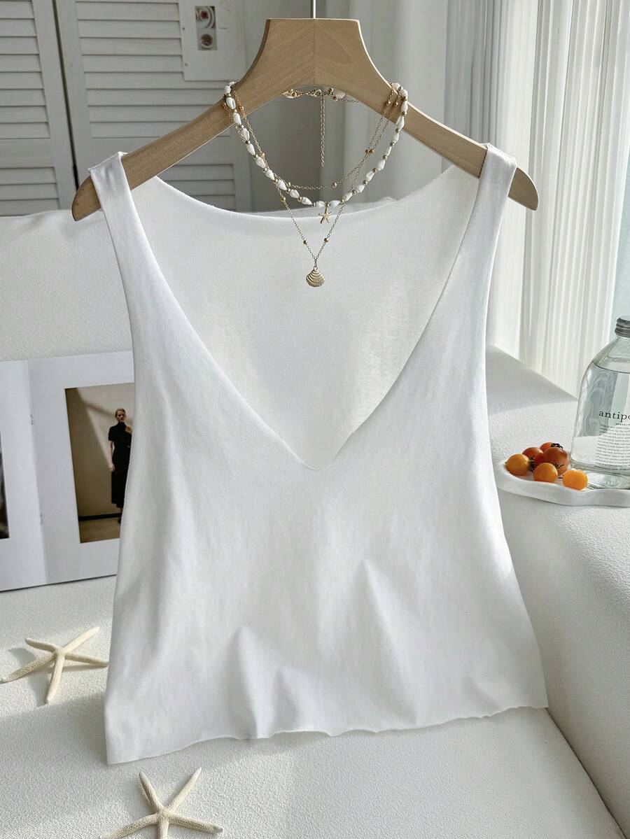 SHEIN EZwear 大码女式休闲纯色深V领宽松背心 - 白色 - 查看 1