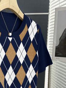 Franclia New Arrival Spring/Summer Retro College Style Colorblock Plaid Knit Pullover Sweater For Women - Navy Blue - View 3