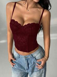 SHEIN PETITE 性感蕾丝透视吊带背心，派对装扮，约会装，通勤装，可爱抹胸，性感夜店上衣，束身胸衣，无肩带上衣，外出上衣，夏季上衣，可爱上衣，女士夏季穿搭，蕾丝上衣，束身胸衣，秋冬打底衫 - 中紫紅色 - 查看 7