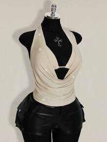 SHEIN ICON 加大码 2 件套夏季外出海滩夏威夷派对返校音乐会俱乐部闪亮露背女式背心和吊带衫 - 杏色 - 查看 9