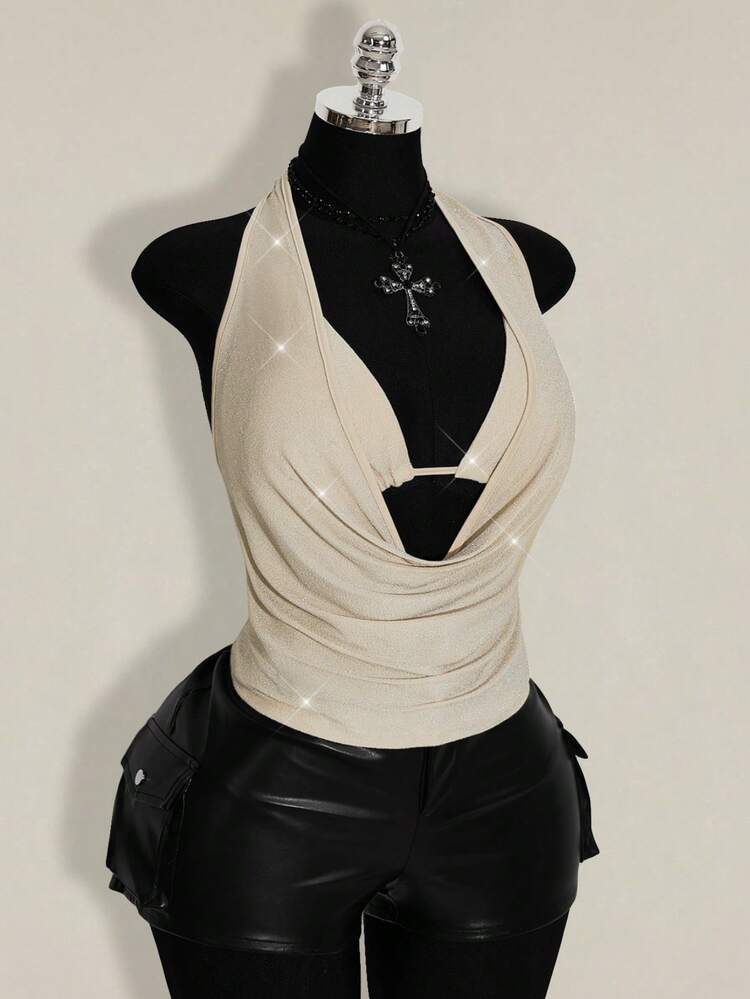 SHEIN ICON 加大码 2 件套夏季外出海滩夏威夷派对返校音乐会俱乐部闪亮露背女式背心和吊带衫 - 杏色 - 查看 9