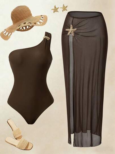 Swim Oasis Women's Solid Color Metal Decor One-Piece Swimsuit And Skirt Set, Suitable For Beach Vacation, Pool Party, Beach Party, Spring/Summer,Beach Vacation 2026 New Women's Swimwear ArrivalFor School,Suitable For Holiday, Date, Afternoon Tea, Western, Cruise, Beach, Island, Road Trip, All Seasons, Music Festival, Boho Vacation,Bohemian Vacation, Chill Autumn ,Western Boho ,Elegant Dress For Women Lively Holiday Colorful Prints Swimsuit. Brown Bathing Suit Women One Shoulder Swimsuit Swimsuit With Skirt Modest Two Piece Swimsuit Brown Vacation Outfit