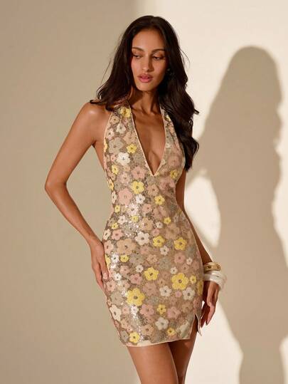 SHEIN Glamour Vestido mini sexy con cuello en V profundo, abertura lateral y dobladillo con lentejuelas florales, adecuado para fiesta de cumpleaños