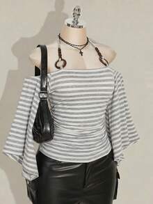 SHEIN ICON 大码女式 Y2K 复古条纹露肩喇叭袖吊带时尚 T 恤，前卫街头风，休闲喇叭袖露肩条纹针织上衣 - 彩色 - 查看 9