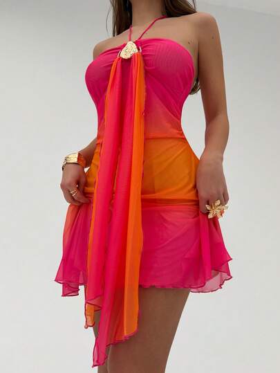 Aloruh Women's Gradient Backless Halter Mini Dress, Suitable For Beach Vacation