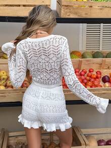 Selianne 女士沙滩度假镂空喇叭袖设计毛衣和白色宽松短裤荷叶边设计春夏针织两件套 - 白色 - 查看 2