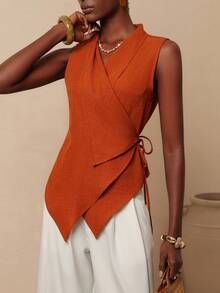 Vesra 女士纯色打结不对称下摆休闲百搭日常衬衫 - 紅木色 - 查看 3