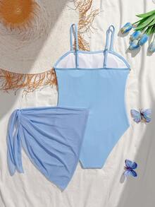 SHEIN Tween Girl 1-Piece Swimsuit,Cute Ocean Style Light Blue Ribbed Bathing Suit With Shell Charm,2-Piece Set With Mesh Skirt For Summer Holiday & Beach - Baby Blue - View 2