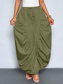 Women's Fashionable Solid-Color Loose Casual Pants, With Pleated Design, Large Pockets, Elastic Waist, Wide-Leg Fit, Suitable For Daily Wear As Solid-Colored Pants - Green - View 3