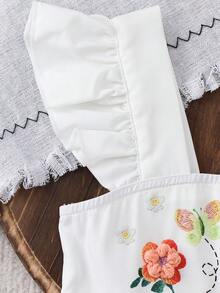 Emery Rose Kids 女童纯色碎花方领荷叶边下摆休闲连衣裙 - 彩色 - 查看 11