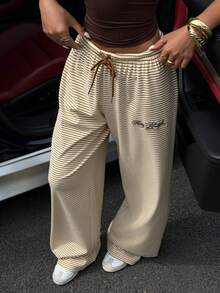 Muchica Brown Striped Knit Women's Drawstring Waist Sweatpants - Khaki - View 3