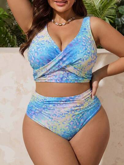 Swim Lushoire Plus Size Women Colorful Ombre Leopard Print Casual Vacation Bikini Top