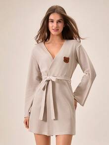 Women Waffle Knit Cute Bear Embroidery Detail Homewear Robe With Belted Comfort Lounge Robe - Beige - View 5