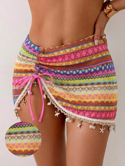 Swim Vcay Women's Vacation Beach Colorful Striped Pendant Decorated Coverup & Skirt Set