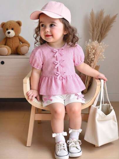 SHEIN Vintaside Kids Baby Girl Striped Bow Ruffle Short Puff Sleeve Shirt And Shorts Casual 2 Pieces Set