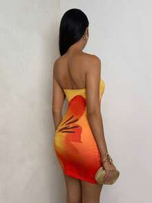 Glamine 女士时尚印花抹胸连衣裙 - 橘色 - 查看 2