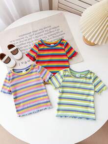 3pcs/Set Cute Colorful Striped Short Sleeve Knit Top For Baby Girls, Summer - Multicolor - View 3