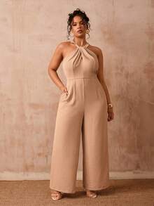 Veslaya Women's Plus Size Sleeveless Halter Neck Jumpsuit, Tie Dye Elegant Summer Long Wide Leg Jumpsuits For Wedding Guest, Parties, Beach & Vacation - Apricot - View 9