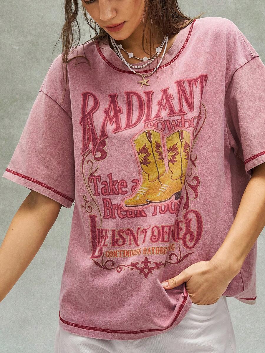 Bohemela Tricou de damă cu imprimeu de cizme cowboy, roz, tricotat, cu guler rotund, lejer, spălat, cu mânecă scurtă, stil boho casual, primăvară/vară - Roz - Vizualizare 1