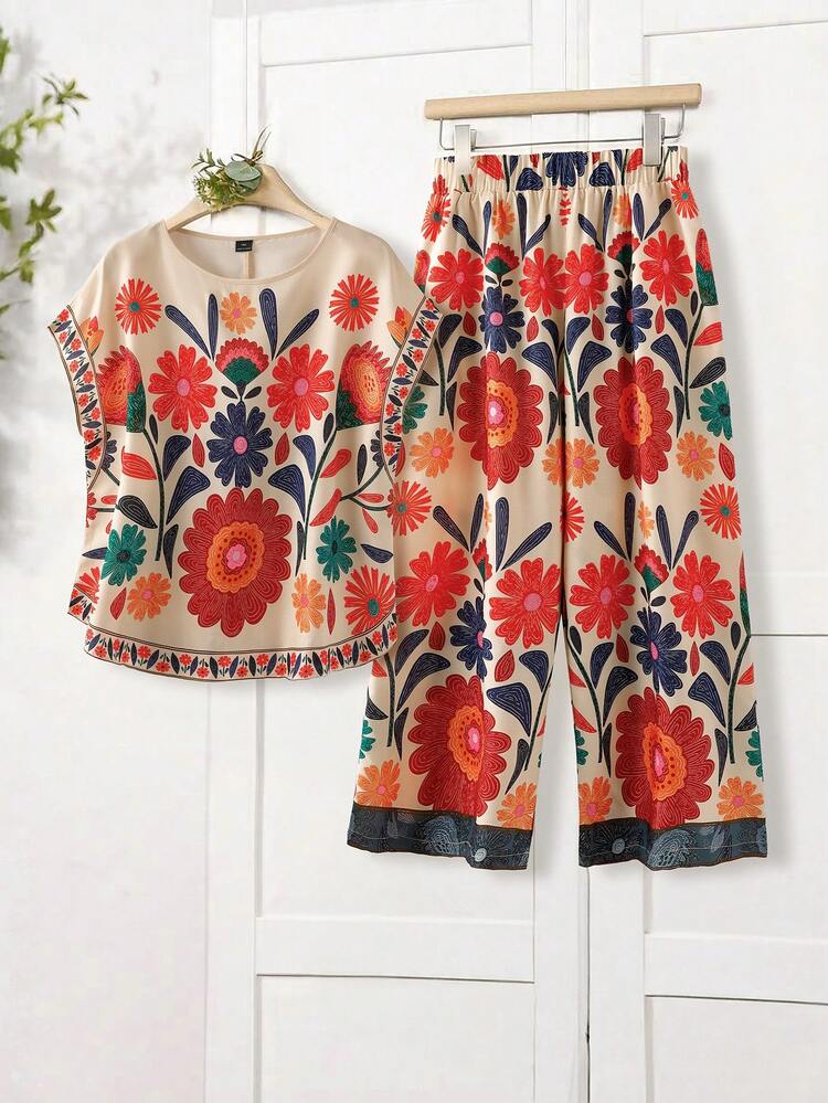 Plus Size Floral Print Top And Pants Two Pieces Set, Casual Holiday Outfit Women Vacation Outfit Sets Women Summer Outfits 2 Piece Womans 2 Piece Sets Women 2 Piece Outfit Casual Summer Outfits For Women  Beach Outfit For Women  Casual  Vacation Outfits Women Country Concert Outfit Peplum