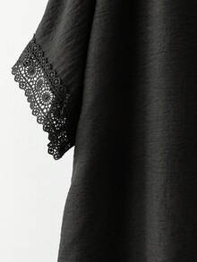 Rusticease Plus Size Women Solid Color Contrast Lace Round Neck Blouse And Pants Casual 2 Piece Set - Black - View 8