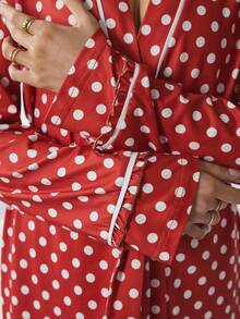 HautHeat Women's Polka Dot Print Robe With Tie Waist, Long Sleeve Loungewear - Burgundy - View 3