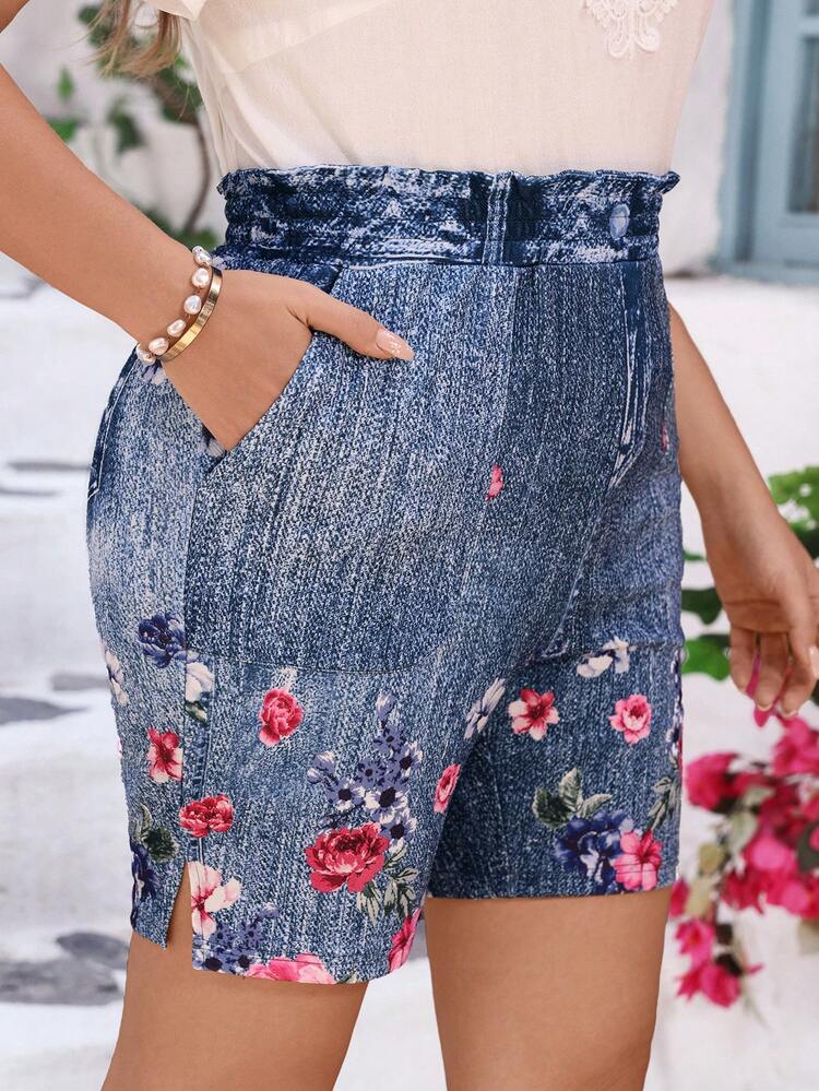 Plus Size Women Floral Pattern High Waist Pocket Skinny Shorts