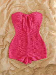 Soleia Bộ jumpsuit nữ màu trắng dệt kim, thắt nơ phía trước, thích hợp cho kỳ nghỉ xuân/hè, phù hợp dự tiệc, hẹn hò, ngày Valentine, gợi cảm lãng mạn, lễ hội, du lịch biển, tiệc trà chiều. - Màu Hồng Tươi - Xem 5