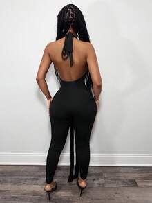 BamGleam 女士时尚性感深V领露背吊带连体裤 - 黑色 - 查看 2