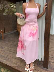 Sunnyshic Women's Pink Gradient Print Chiffon Dress With Spaghetti Strap, Vacation Style, Spring/Summer - Pink - View 5