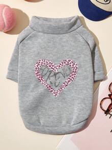 PETSIN 1pc Super Cute Gray Pet Clothing, Printed With Pink Leopard Print Heart Pattern And Sparkling "PRETTY" Rhinestone, Soft Pullover For Cats And Dogs - Grey - View 1