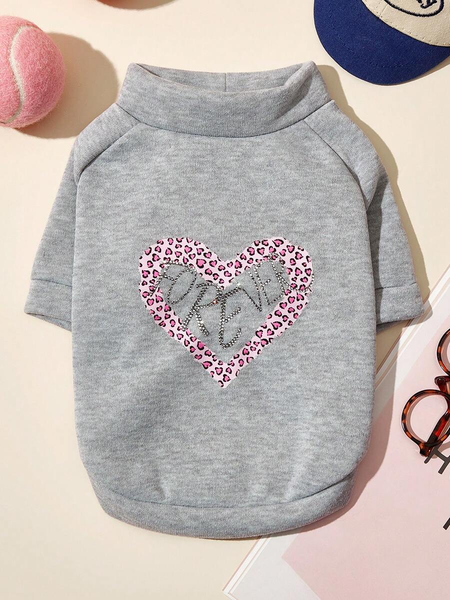 PETSIN 1pc Super Cute Gray Pet Clothing, Printed With Pink Leopard Print Heart Pattern And Sparkling "PRETTY" Rhinestone, Soft Pullover For Cats And Dogs - Grey - View 1
