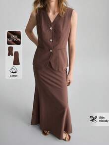Ontre Bộ 2 món mới 2026SS, Áo vest ôm dáng màu nâu cà phê chất liệu thoải mái + Chân váy đuôi cá, Trang phục dự tiệc cưới thanh lịch, Phong cách tối giản lãng mạn kiểu Pháp sang trọng, thời trang thành thị, trang phục công sở thường ngày, mang hơi hướng quý tộc cổ điển, cao cấp, thiết yếu cho sân bay, du lịch biển Trung Đông, đa năng, chất lượng cao, phù hợp cho cả 4 mùa, bộ đồ cưới dành cho nữ. - Cà phê nâu - Xem 3